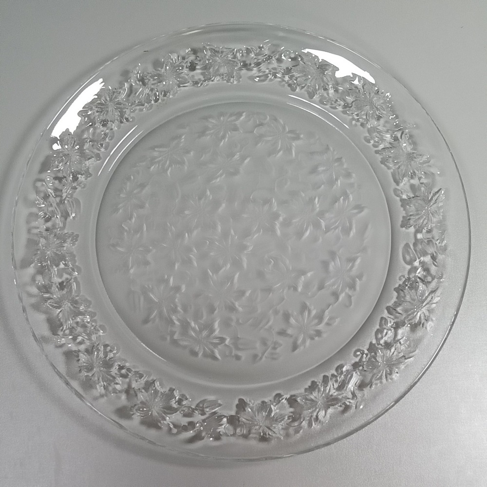 Vintage Clear Pressed‎ Glass Floral Embossed 13 Inch Round Serving Platter Tray
